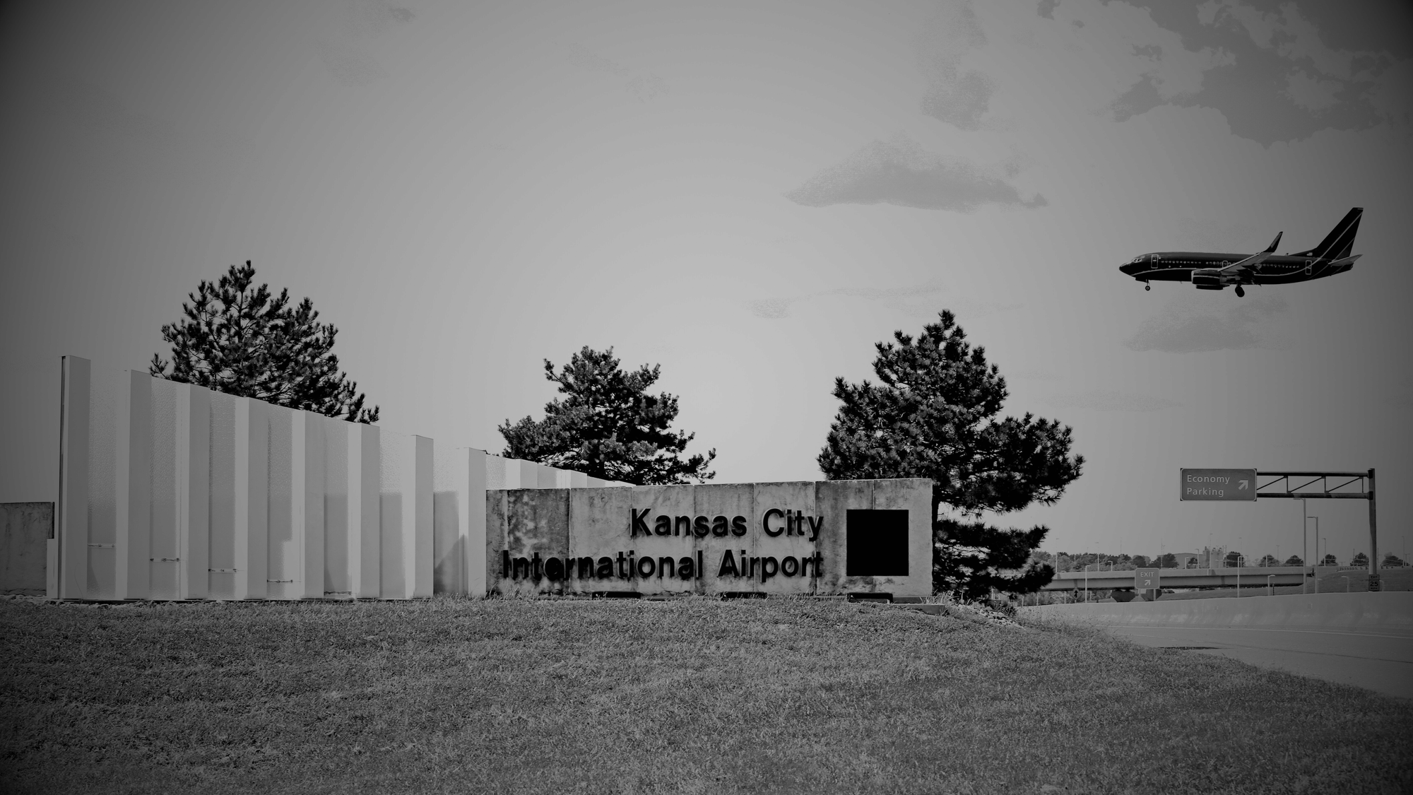 An airplane landing at Kansas City International Airport